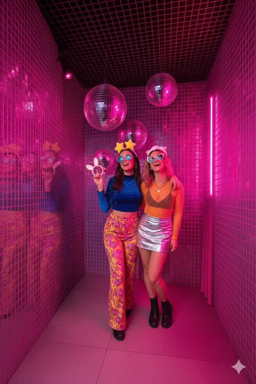 Photobooth coréen KONEO : décor “Cabine Miroir Disco” composé de carreaux réfléchissants, boules à facettes et néons roses. Un mini-studio au style futuriste idéal pour portraits, clips ou shootings fashion.
