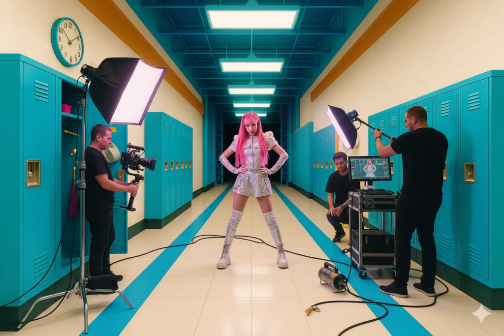 Tournage d’un clip dans un décor de lycée coloré avec une artiste en tenue K-pop, entourée de l’équipe technique et de caméras professionnelles.