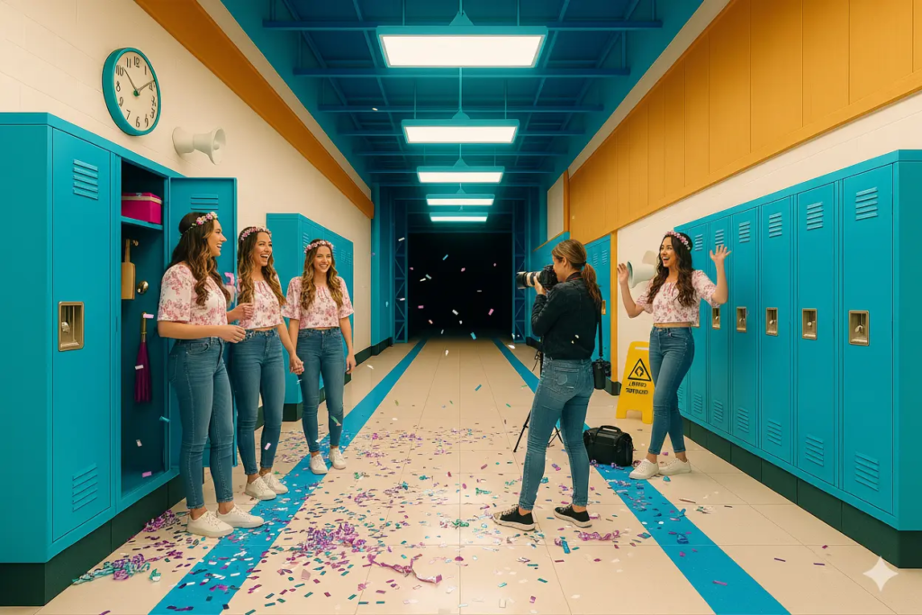 Enterrement de vie de jeune fille (EVJF) dans le décor immersif “Highschool” de KONEO. Un couloir de lycée inspiré des teen movies américains, parfait pour un shooting photo original et plein de bonne humeur.