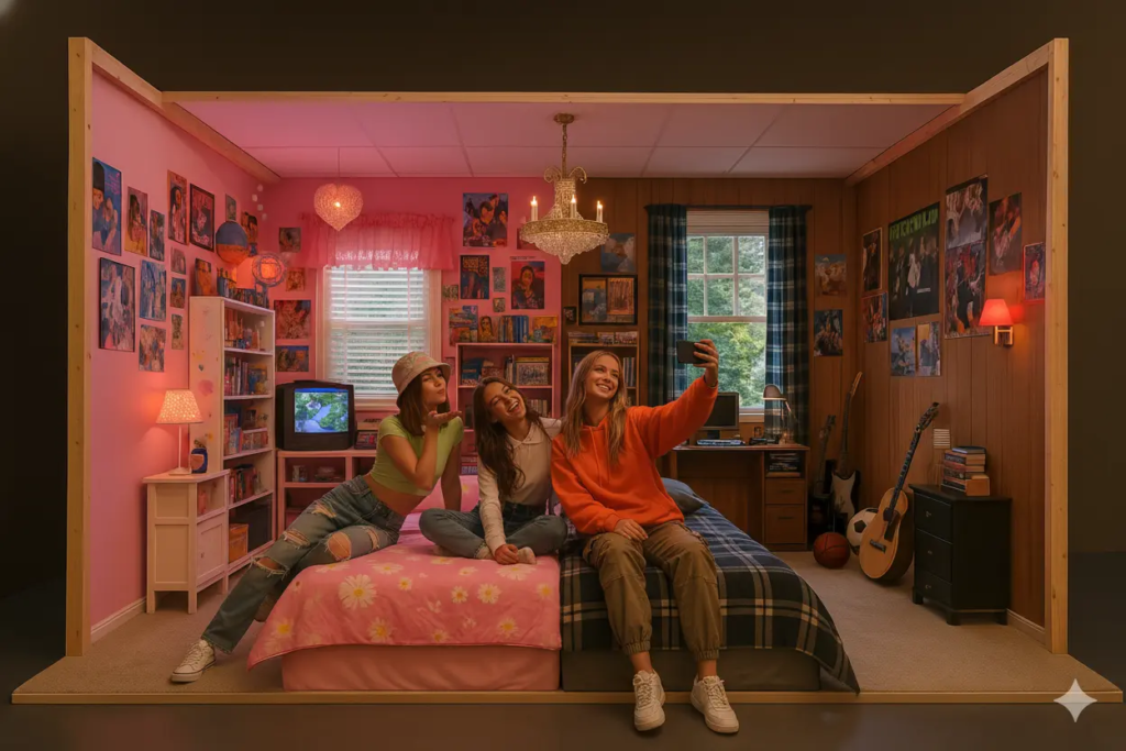 Décor immersif KONEO “Chambre années 2000” : une chambre rétro à double ambiance, entre univers rose et coin gamer vintage. Parfait pour photos nostalgiques, selfies entre amis et tournages 2000s.