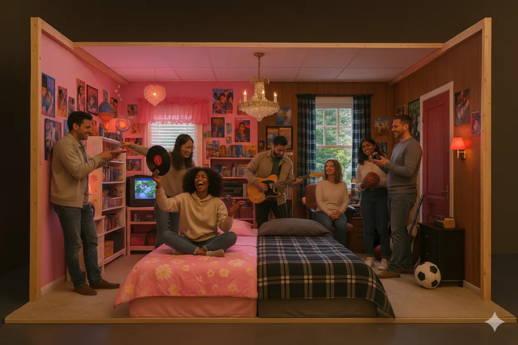 Shooting d’équipe réalisé lors d’un team building dans le décor “Chambre des années 2000” de KONEO. Un univers vintage inspiré des chambres adolescentes de l’époque, idéal pour renforcer la cohésion tout en ravivant des souvenirs communs.