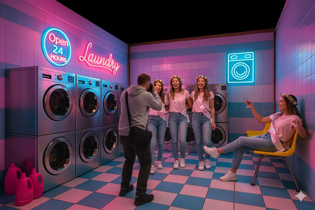 Enterrement de vie de jeune fille (EVJF) dans le décor immersif “Laverie” de KONEO. Un espace fun et coloré avec machines chromées, enseignes néon et ambiance rétro. Parfait pour un shooting photo unique et pétillant entre amies.