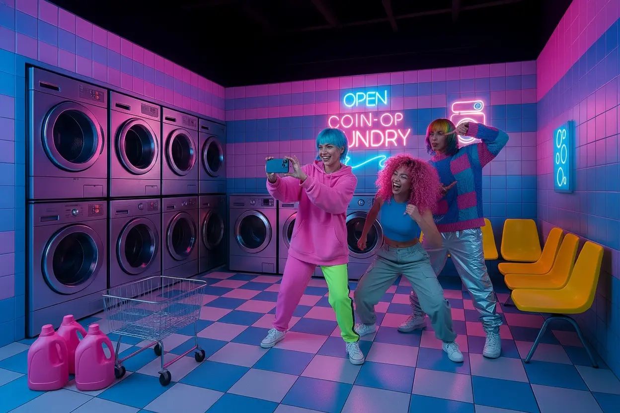 Expérience photo immersive KONEO : décor de laverie néon où des amis posent pour un selfie dans une ambiance colorée et ludique.