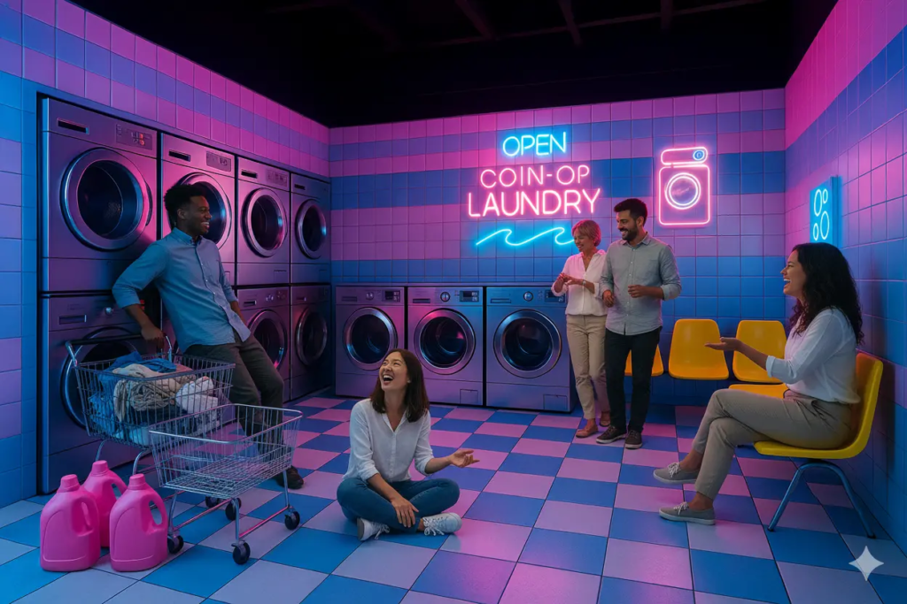 Shooting d’équipe réalisé lors d’un team building dans le décor immersif “Lavomatic” de KONEO. Un espace vibrant aux tons bleus et roses, inspiré des laveries américaines, qui invite les collaborateurs à lâcher prise et à partager un moment complice.