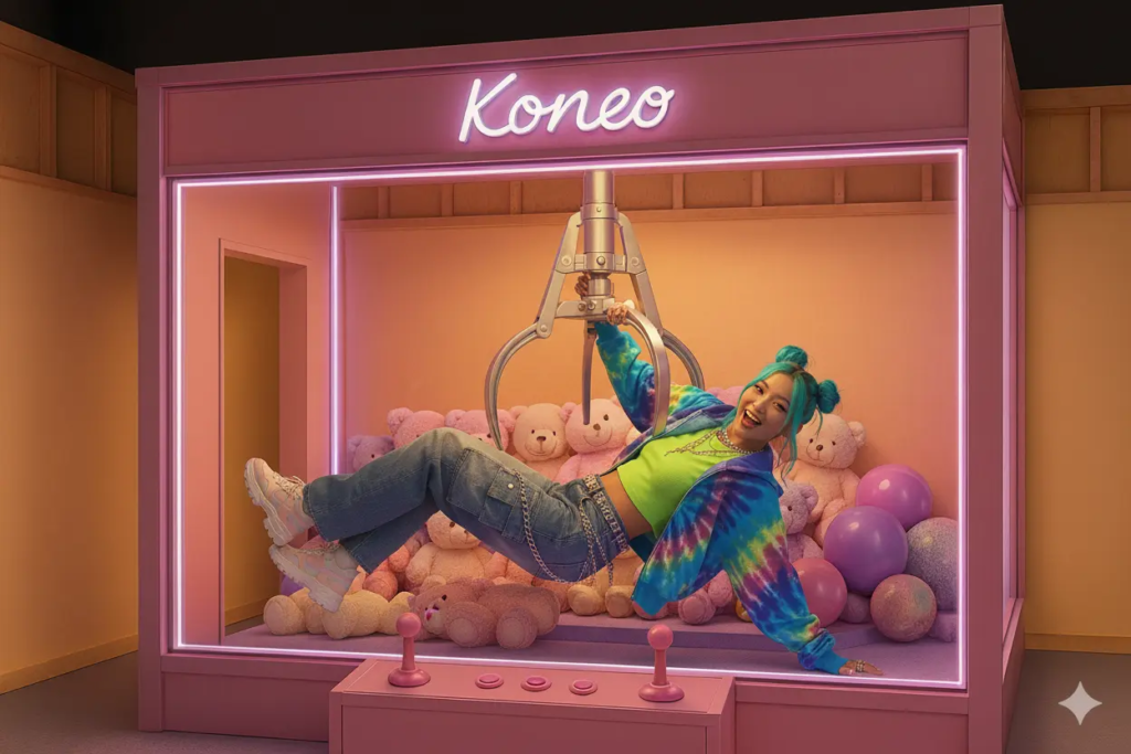 Studio immersif KONEO : décor “Machine à pinces” ultra coloré avec structure rose, peluches pastel et éclairage néon. Un cadre original et photogénique idéal pour shootings mode, clips ou campagnes pop culture.