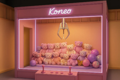 Studio immersif KONEO : décor “Machine à pinces” grandeur nature, ambiance arcade rose et néon, idéale pour shootings mode, clips K-pop et créations visuelles originales.