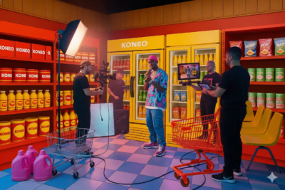 Studio immersif KONEO : décor d’épicerie vintage colorée pour tournages professionnels, clips musicaux et shootings photo créatifs.