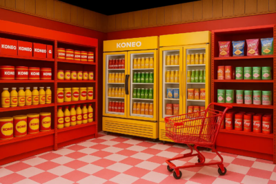 Décor immersif KONEO “Épicerie” : supermarché rétro coloré rouge et jaune, rempli de produits fictifs KONEO, parfait pour photos pop et expériences fun.