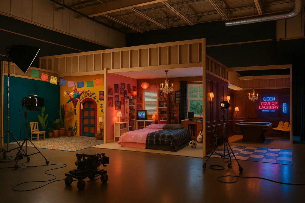 Le studio photo immersif KONEO rassemble plusieurs décors spectaculaires dans un même espace : une ambiance mexicaine colorée avec piñata, une chambre rétro 2000’s et un bar néon façon casino. Cette vue en plateau dévoile les coulisses des shootings et met en avant la diversité des univers proposés, conçus pour des sessions photo, tournages ou team buildings créatifs.