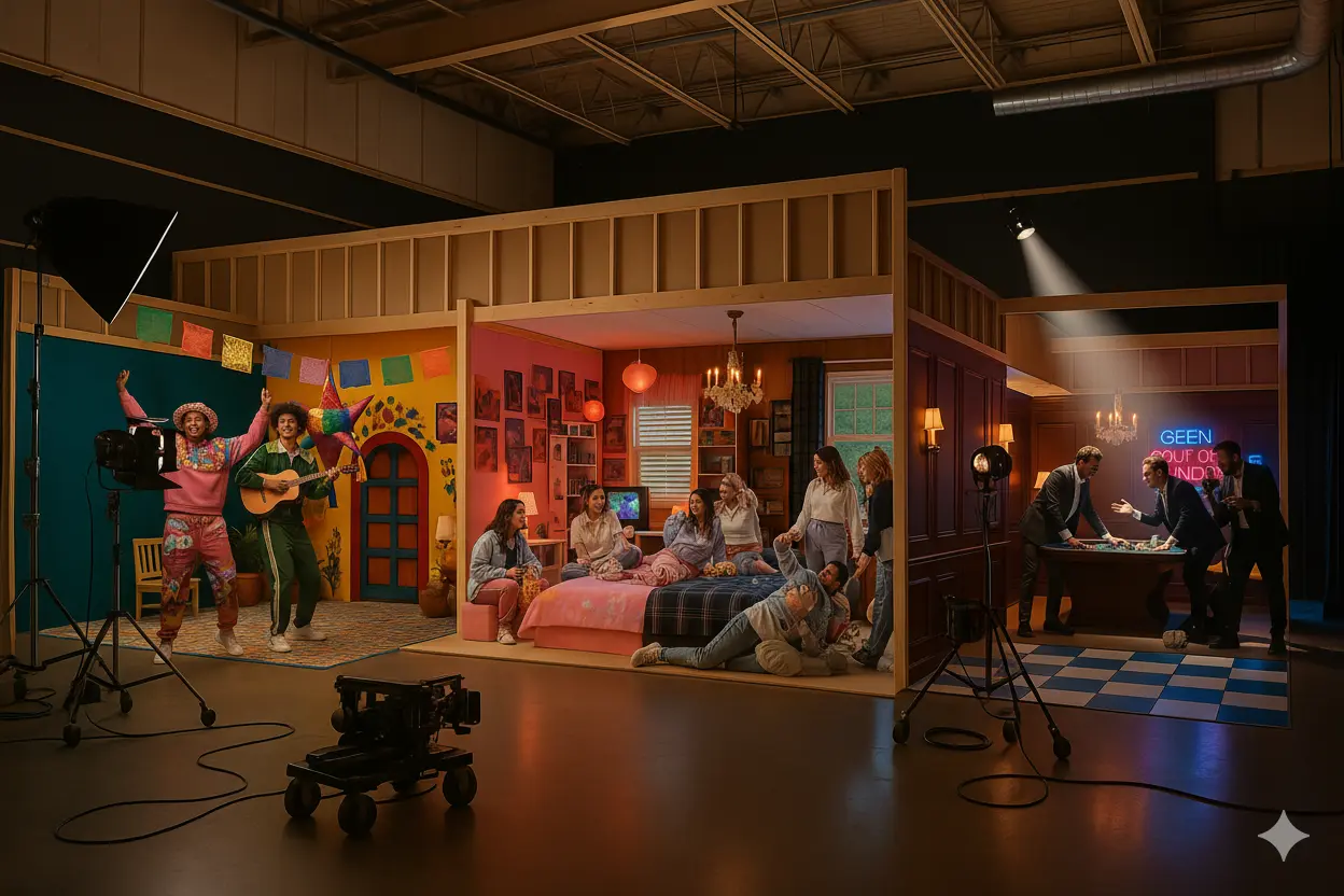 Studio immersif KONEO : décors variés incluant chambre 2000s, ambiance mexicaine et casino rétro pour shootings photo et tournages professionnels.