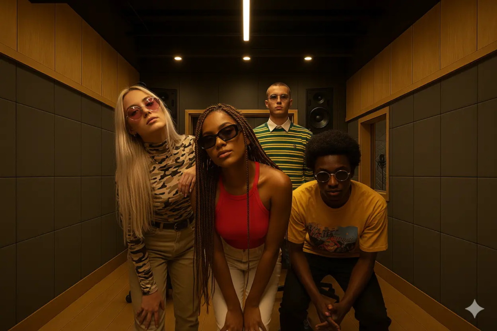 Studio immersif KONEO : décor “Studio de musique” avec acoustique réaliste et ambiance feutrée, idéal pour shootings photo, clips, tournages musicaux, interviews ou podcasts vidéo.