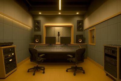 Studio immersif KONEO : salle d’enregistrement acoustique haut de gamme avec console de mixage et cabine isolée, idéale pour tournages et productions audiovisuelles.