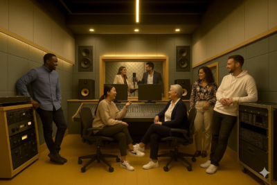 Team building dans le décor immersif “Studio d’enregistrement” de KONEO. Un cadre professionnel et ludique où les équipes se mettent dans la peau d’artistes pour une expérience collective originale et mémorable.