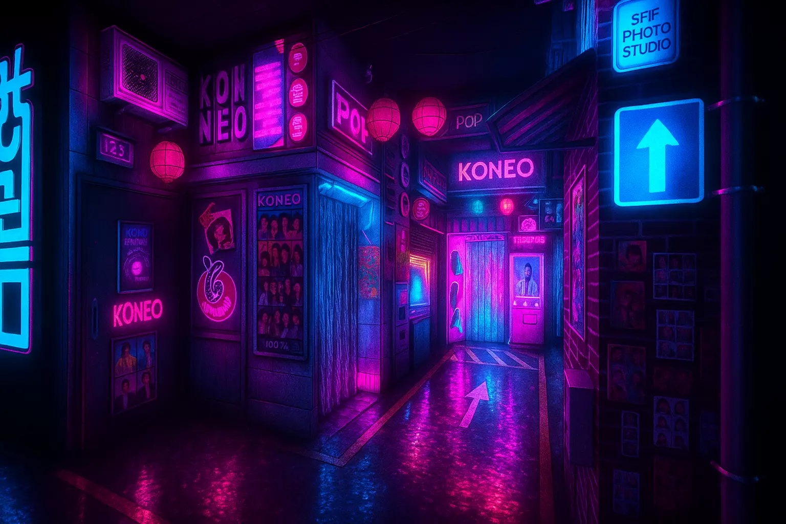 La rue KONEO est le décor emblématique du studio photo immersif, inspiré des ruelles coréennes de nuit. Baignée de lumières néon bleues et magenta, cette allée bordée de photobooths et d’enseignes lumineuses plonge les visiteurs dans une ambiance urbaine rétro-futuriste, à mi-chemin entre Séoul et un film de science-fiction. Un décor spectaculaire, idéal pour des shootings photo immersifs, des expériences EVJF ou des créations de contenu au rendu cinématique.