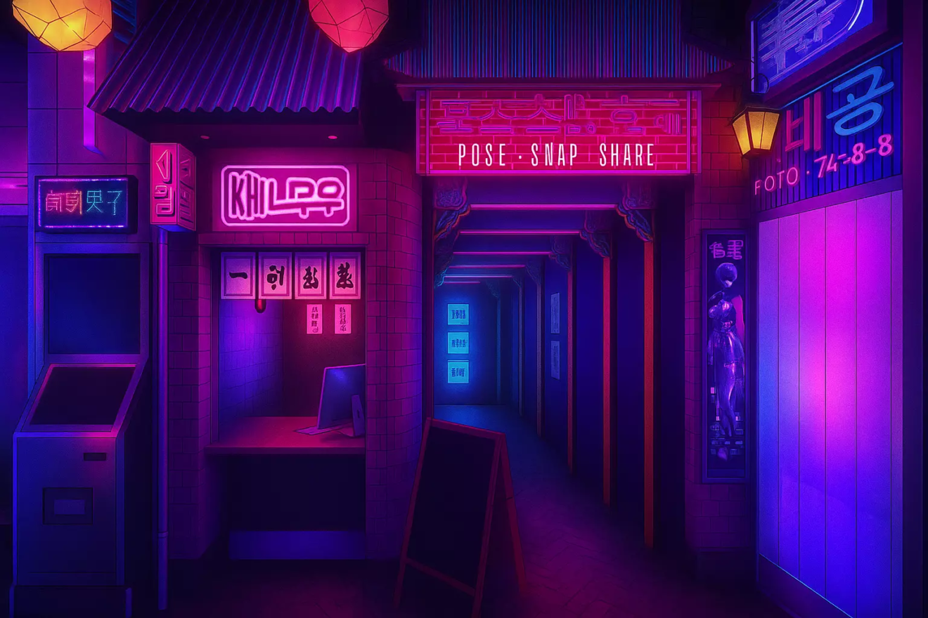 Sous le néon rose où s’inscrit le mantra “POSE · SNAP · SHARE”, la ruelle s’étire en perspective infinie, comme un couloir de miroirs entre réalité et fiction. Les enseignes saturées, les lettrages coréens et les halos violets enveloppent l’espace d’une chaleur numérique : ici, chaque reflet semble prêt à devenir une photo, chaque pas une mise en scène. Un comptoir solitaire, un mannequin figé, des panneaux lumineux… tout respire la préparation au cliché parfait, ce moment suspendu où la ville devient un studio et la nuit une lumière de plateau. Le couloir au fond attire irrésistiblement le regard : c’est une invitation au passage, un tunnel chromatique vers l’expérience KONEO, entre pop culture et introspection visuelle. Ce lieu n’existe peut-être que pour être capturé — un décor rêvé pour ceux qui cherchent à s’inventer sous les néons.