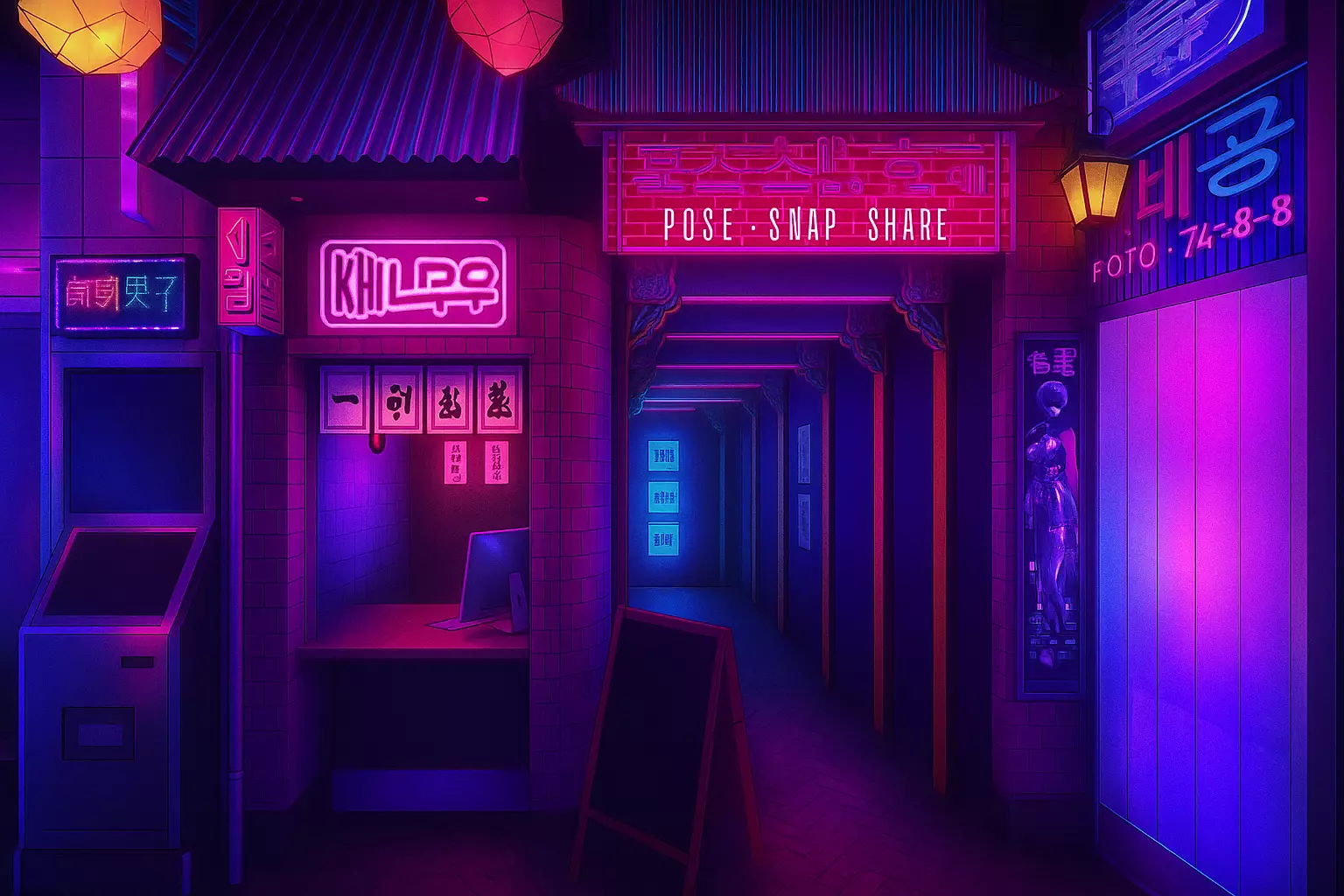 Sous le néon rose où s’inscrit le mantra “POSE · SNAP · SHARE”, la ruelle s’étire en perspective infinie, comme un couloir de miroirs entre réalité et fiction. Les enseignes saturées, les lettrages coréens et les halos violets enveloppent l’espace d’une chaleur numérique : ici, chaque reflet semble prêt à devenir une photo, chaque pas une mise en scène. Un comptoir solitaire, un mannequin figé, des panneaux lumineux… tout respire la préparation au cliché parfait, ce moment suspendu où la ville devient un studio et la nuit une lumière de plateau. Le couloir au fond attire irrésistiblement le regard : c’est une invitation au passage, un tunnel chromatique vers l’expérience KONEO, entre pop culture et introspection visuelle. Ce lieu n’existe peut-être que pour être capturé — un décor rêvé pour ceux qui cherchent à s’inventer sous les néons.