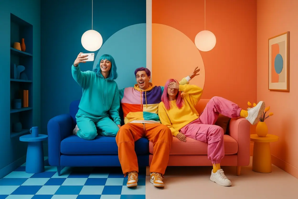 Décor immersif KONEO “Canapé coupé en deux” : salon bicolore bleu et orange au style pop et géométrique, parfait pour photos créatives, selfies et clips colorés.