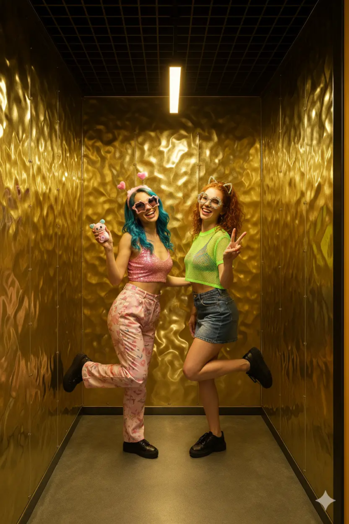 Cabine de photobooth coréen de chez KONEO “Cabine Or Martelé” : un espace doré aux parois métalliques texturées et à la lumière dorée. Un photobooth chic et lumineux pour des selfies dorés et éclatants.