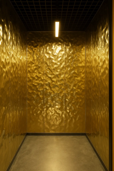 Décor d'une cabine de photobooth coréen KONEO “Cabine Or Martelé” : une pièce dorée aux parois texturées, baignée d’une lumière chaude. Parfaite pour des portraits stylés ou des photos à l’ambiance luxe et futuriste.