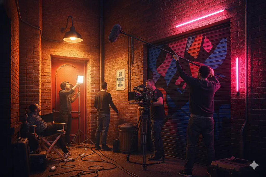 Équipe de tournage en pleine prise de vue dans une ruelle aux murs de briques éclairée par des néons colorés, ambiance de film nocturne.