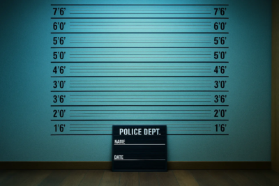 Mur de mesure de taille façon commissariat, avec un panneau “Police Dept” posé au sol, décor de type mugshot.
