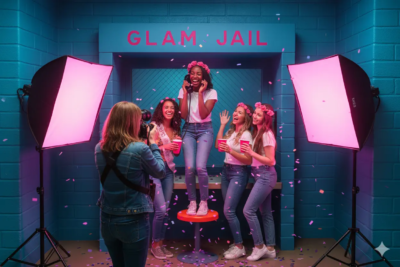 Shooting EVJF réalisé dans le décor immersif “Parloir – Glam Jail” de KONEO. Ce décor photogénique, baigné de lumières roses et bleues, transforme le cliché du parloir en scène glamour et décalée. Idéal pour des photos funs, pleines d’attitude et de rires entre amies.