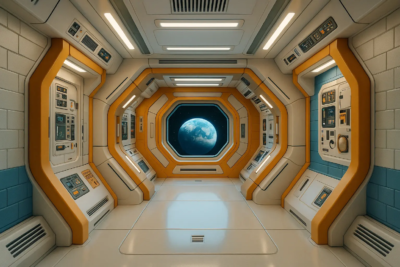 Décor immersif KONEO : couloir de vaisseau spatial rétro-futuriste avec vue sur la Terre, conçu pour shootings photo et tournages professionnels.