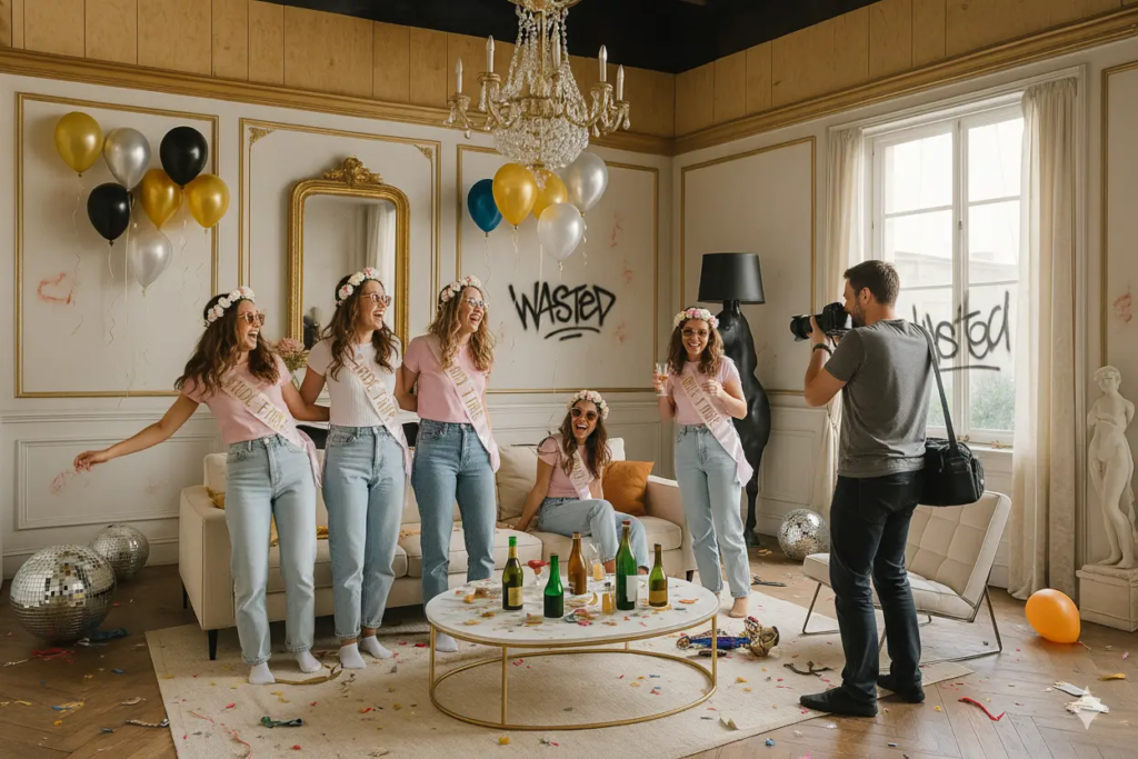 Shooting EVJF réalisé dans le décor immersif “Hangover” de KONEO. Dans ce décor doré et festif, les invitées jouent la comédie du “lendemain de soirée” avec humour et glamour. Un espace idéal pour des photos décalées et pleines de caractère, entre élégance et autodérision.