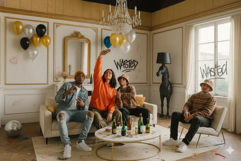 Studio immersif KONEO : décor “Hangover” au style appartement haussmannien après soirée, parfait pour shootings photo, clips musicaux, tournages publicitaires ou scènes humoristiques.