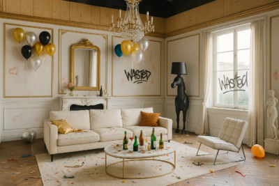 Studio immersif KONEO : décor “Lendemain de soirée” de salon haussmannien après soirée, combinant esthétique luxe et ambiance festive pour clips et shootings professionnels.