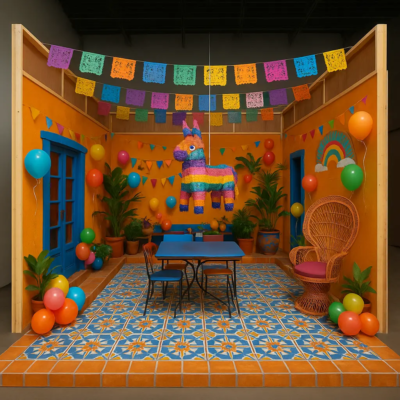 Décor immersif KONEO “Piñata” : cour mexicaine colorée avec guirlandes, ballons et piñata suspendue, parfaite pour selfies et shootings festifs.